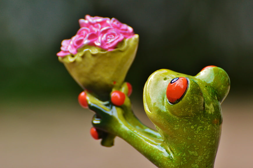 Cute Ceramic Frog Figurine Holding Pink Roses