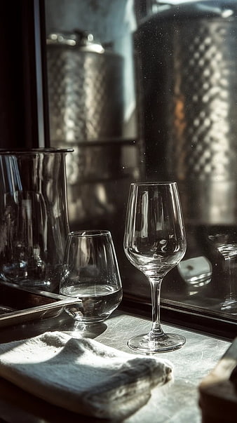 Elegant Wine Glasses on Metal Table with Sunlight