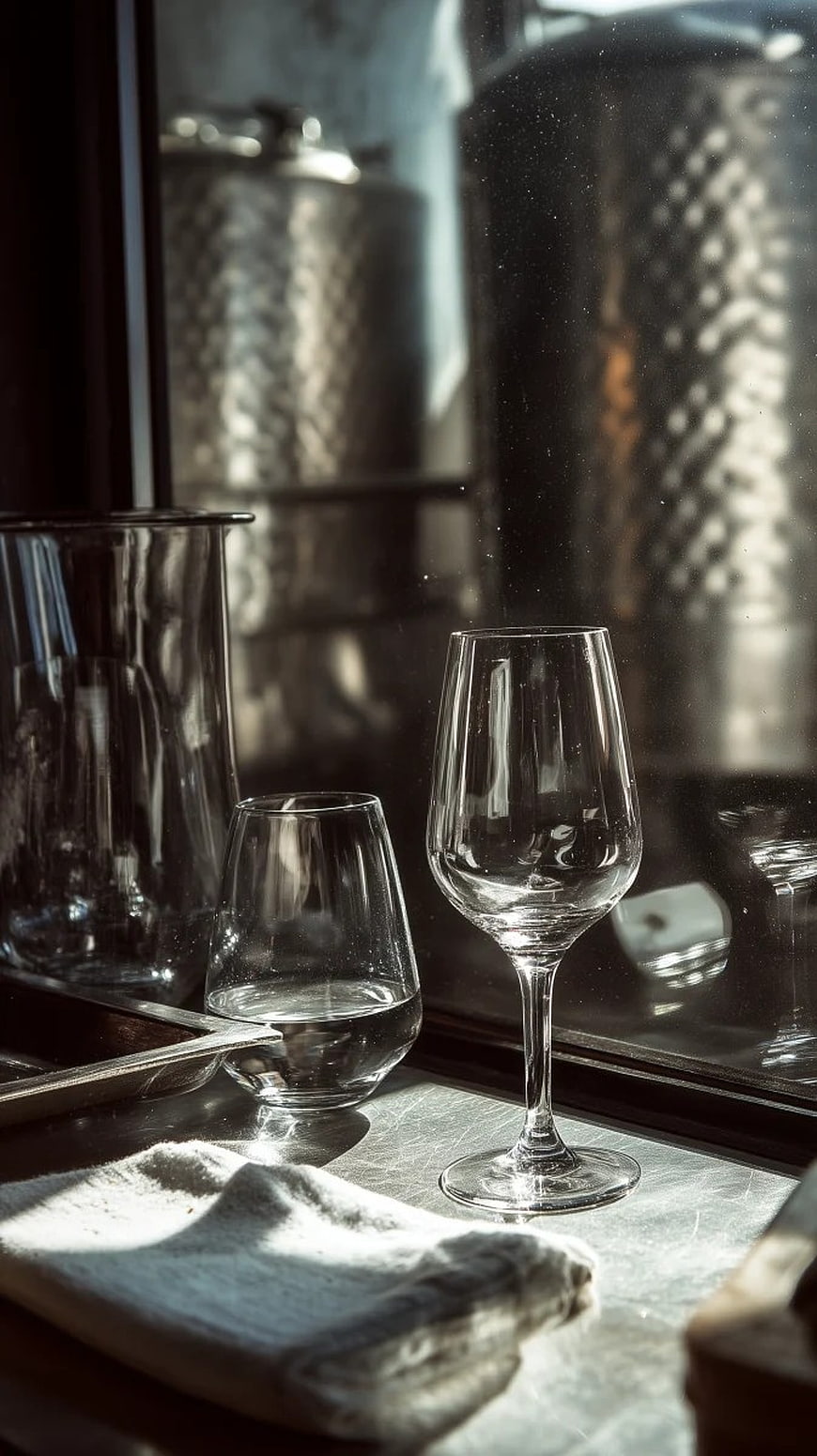 Elegant Wine Glasses on Metal Table with Sunlight