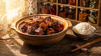 Steaming Braised Pork Belly with Rice in Clay Pot