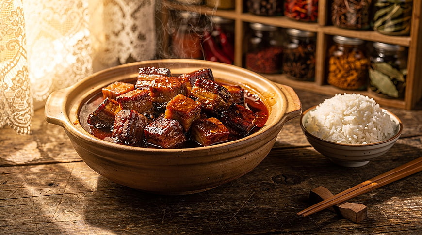 Steaming Braised Pork Belly with Rice in Clay Pot