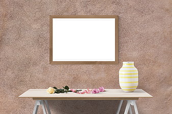 Wooden Picture Frame Mockup on Textured Wall with Table