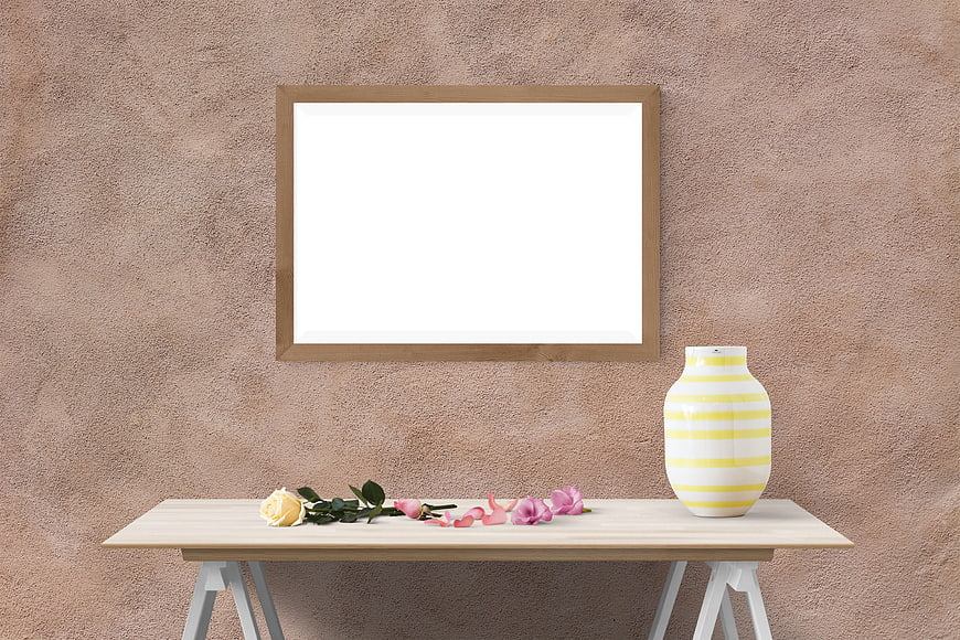 Wooden Picture Frame Mockup on Textured Wall with Table