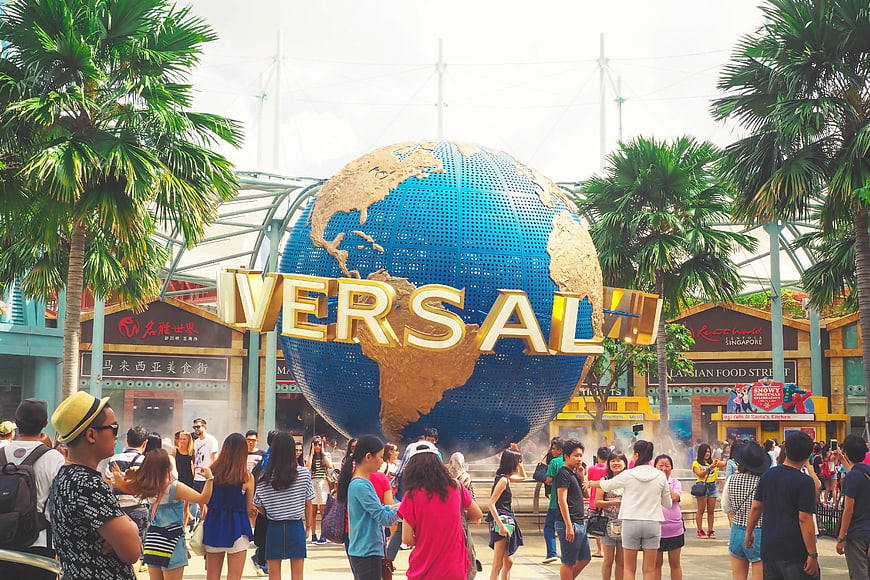 Crowd of tourists at the Universal Studios Singapore globe entrance
