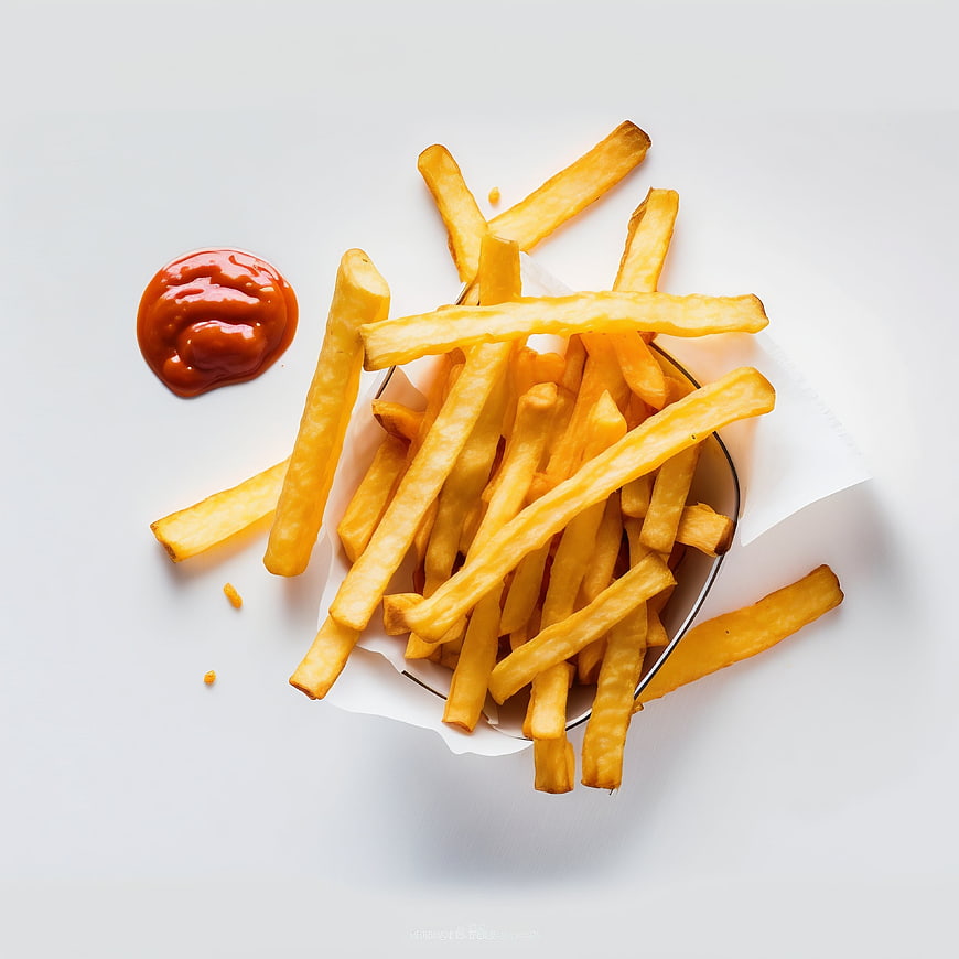Top View of Golden French Fries with Ketchup on White
