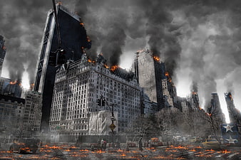 Apocalyptic Cityscape with Burning Buildings and Smoke