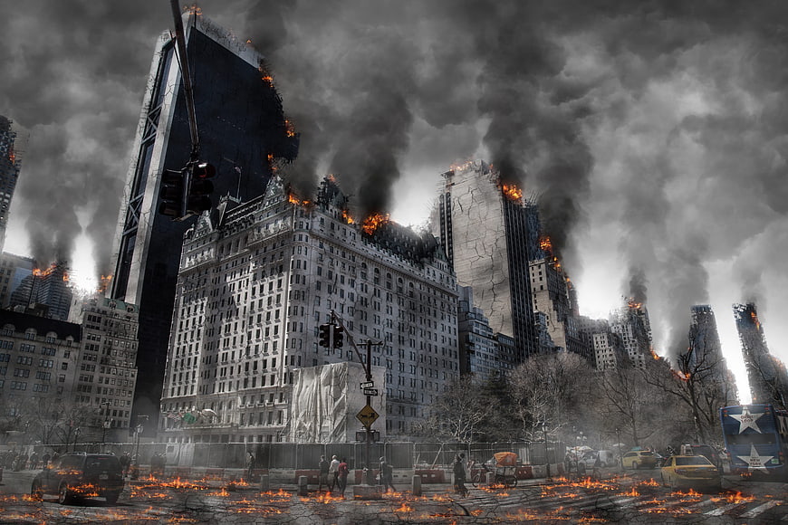 Apocalyptic Cityscape with Burning Buildings and Smoke
