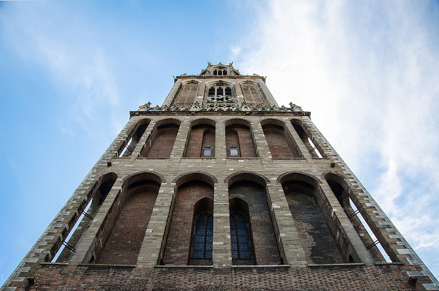 Low angle view of Dom Tower in Utrecht, Netherlands