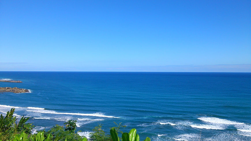 Coastal Ocean View With Blue Sky And Green Foliage