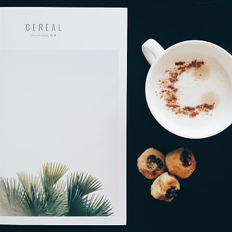 Flat lay of cappuccino, pastries, and Cereal magazine on dark background