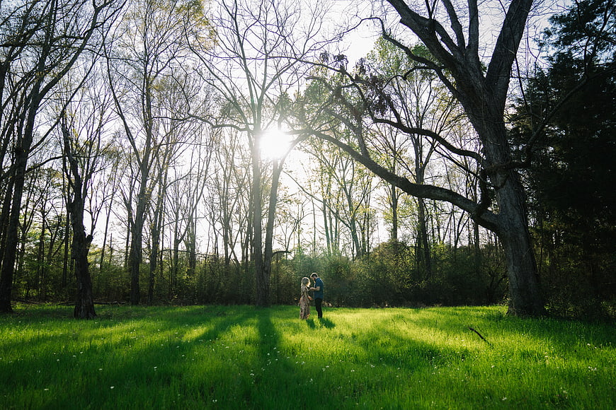 Couple standing in sunlit forest clearing with long shadows