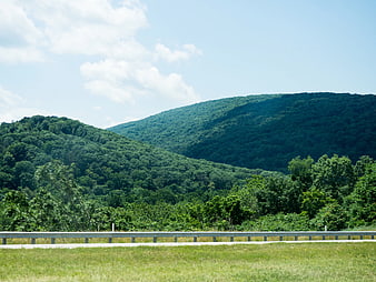 Lush Green Forested Hills and Blue Sky Landscape