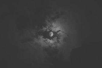 Full Moon Peeking Through Dark Clouds at Night