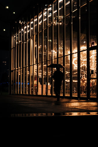 Silhouette of Person with Umbrella Walking Past Lit Glass Building at Night