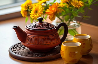 Traditional Clay Teapot with Yellow Cups and Flowers