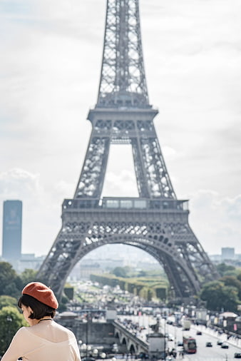 Woman in Beret Viewing Eiffel Tower Paris