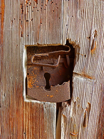 Rusty Vintage Padlock on Weathered Wooden Door