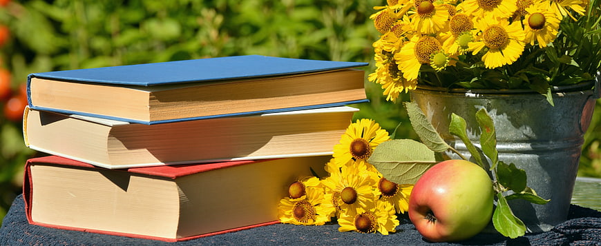 Stack of Books with Yellow Flowers and Apple in Garden