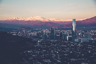 Santiago Chile skyline with Andes mountains at sunset