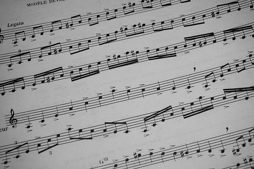 Close-up of classical sheet music with musical notes and staves