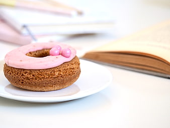 Pink Frosted Donut on White Plate with Open Book
