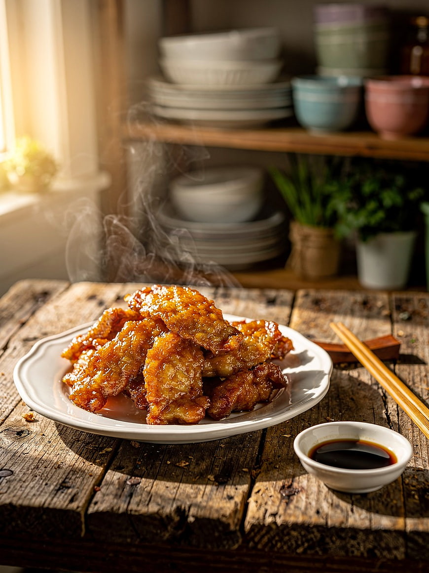 Steaming Honey Glazed Chicken Wings on Rustic Wooden Table