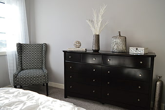 Modern Bedroom Interior with Black Dresser and Patterned Chair