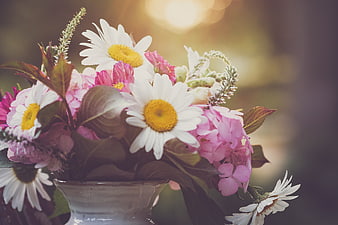 Colorful Summer Flower Bouquet in White Ceramic Vase