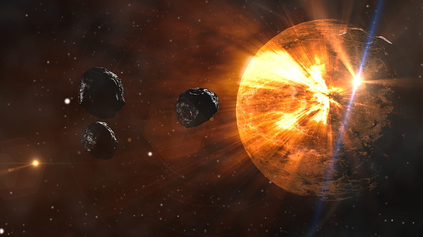 Dramatic Asteroids Approaching Glowing Planet in Space
