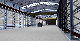 3D rendering of industrial warehouse interior with overhead crane