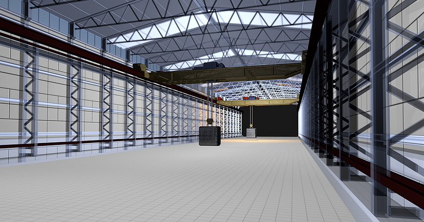 3D rendering of industrial warehouse interior with overhead crane