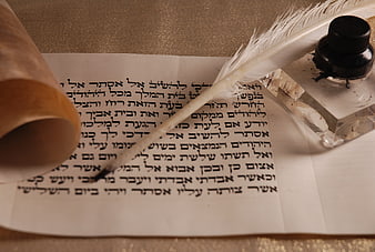 Hebrew Scroll with Quill Pen and Ink Bottle