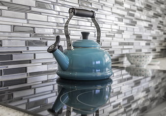 Blue Kettle on Modern Glass Tile Kitchen Backsplash