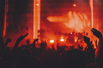 Silhouettes of crowd hands at red concert stage