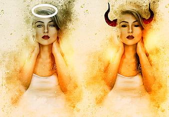 Surreal dual portrait of woman as angel and devil