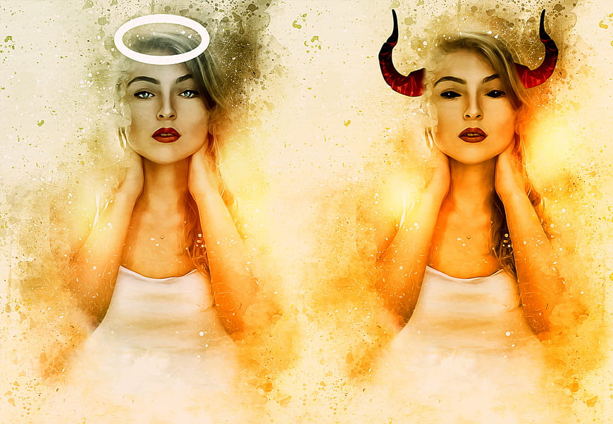 Surreal dual portrait of woman as angel and devil