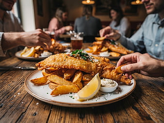 Crispy Fish and Chips on Wooden Table in Pub