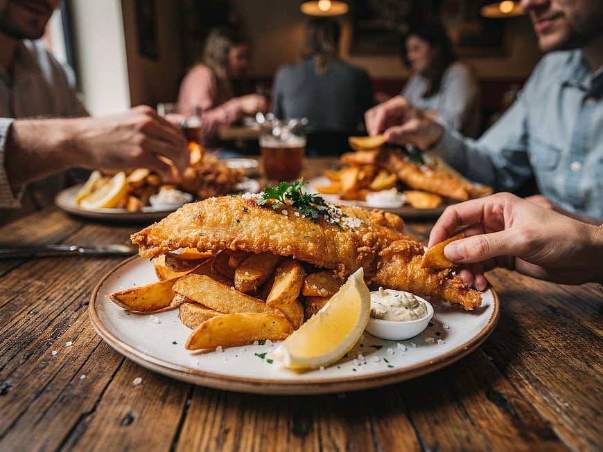 Crispy Fish and Chips on Wooden Table in Pub