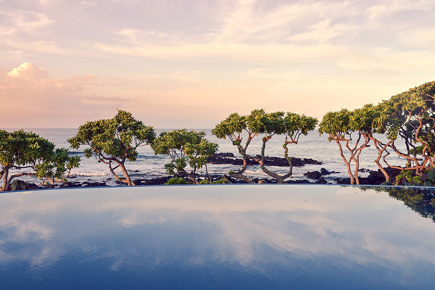 Infinity pool overlooking ocean with frangipani trees at sunset
