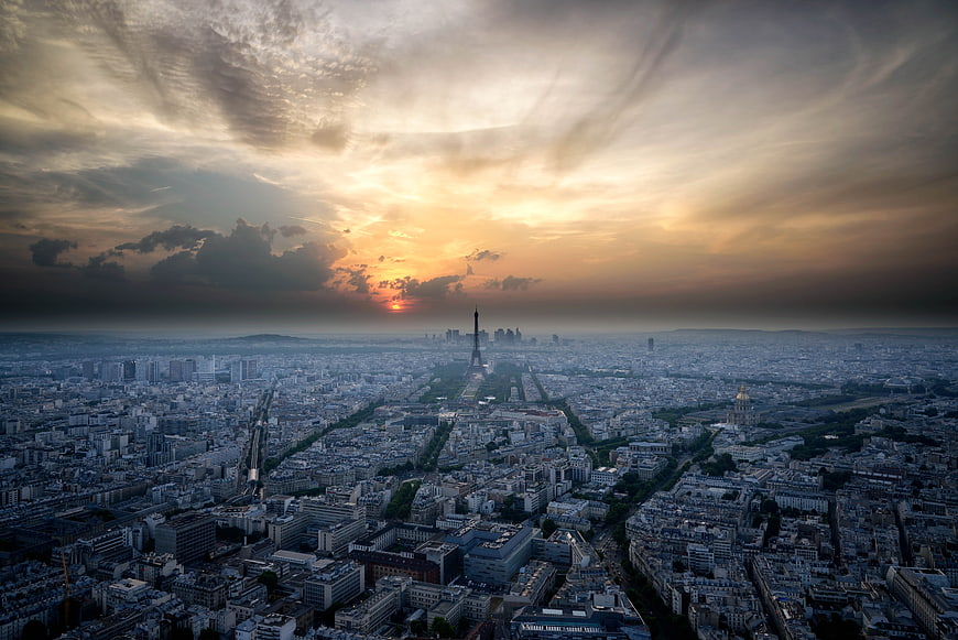 Aerial View of Paris Skyline at Sunset with Eiffel Tower