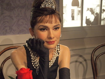 Audrey Hepburn Wax Figure in Black Dress and Pearls