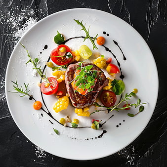 Gourmet Steak Plate with Corn and Tomatoes on Dark Background