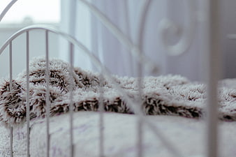 Close-up of fluffy blanket on white metal bed frame
