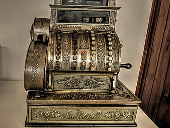 Antique National Cash Register with Ornate Brass Details