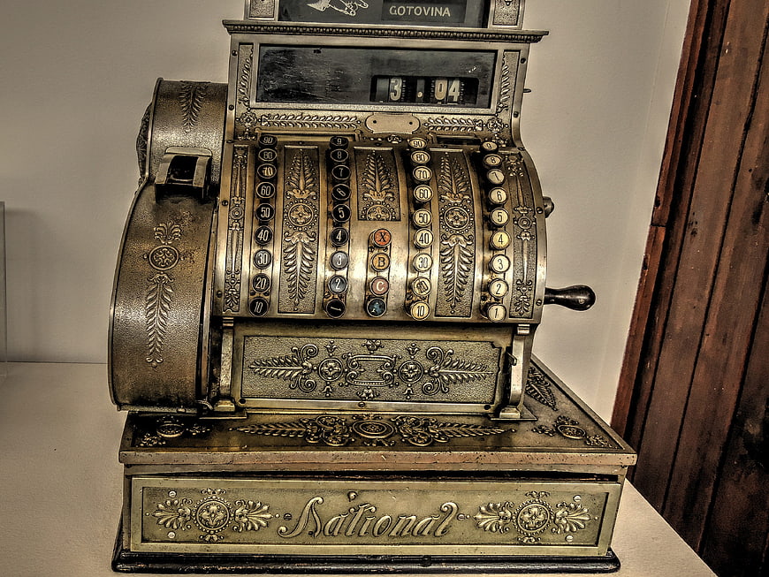Antique National Cash Register with Ornate Brass Details