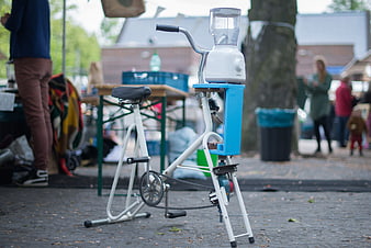 Human-powered bicycle blender at outdoor market