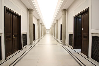 Grand Classical Hallway with Columns and Dark Wood Doors