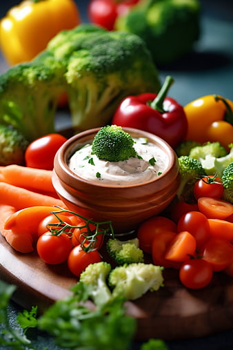 Fresh vegetable platter with creamy dip and broccoli