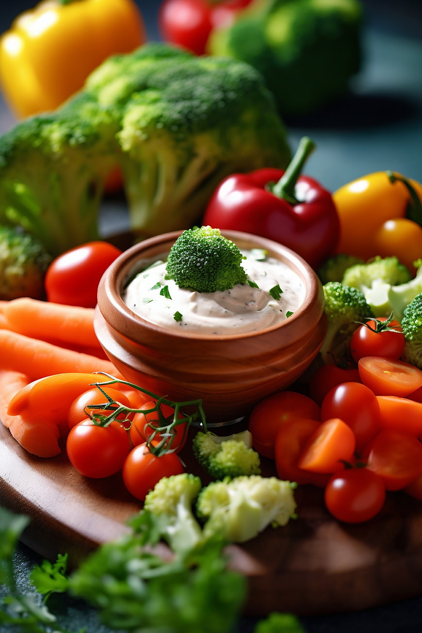 Fresh vegetable platter with creamy dip and broccoli