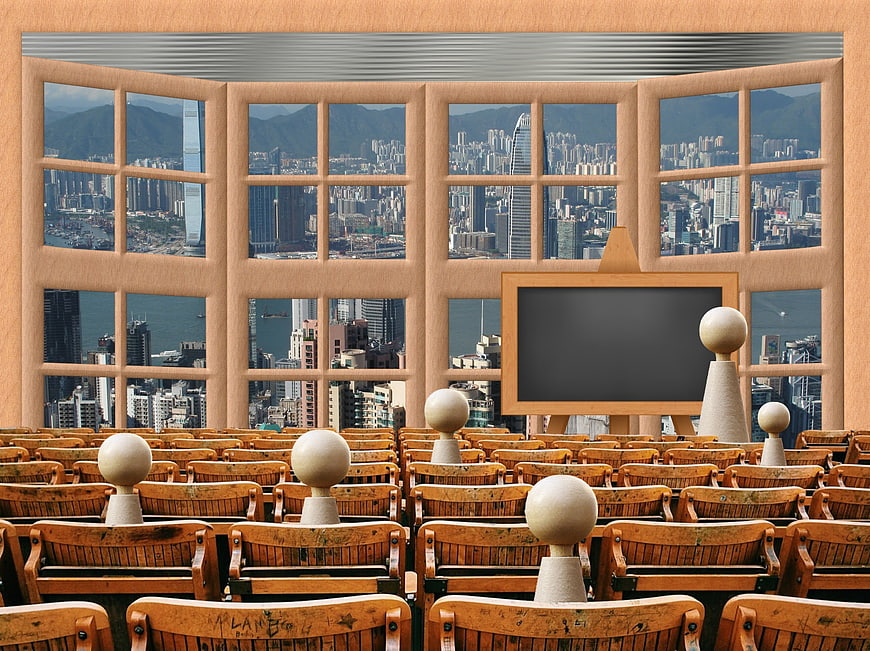 Empty University Lecture Hall With Panoramic City View